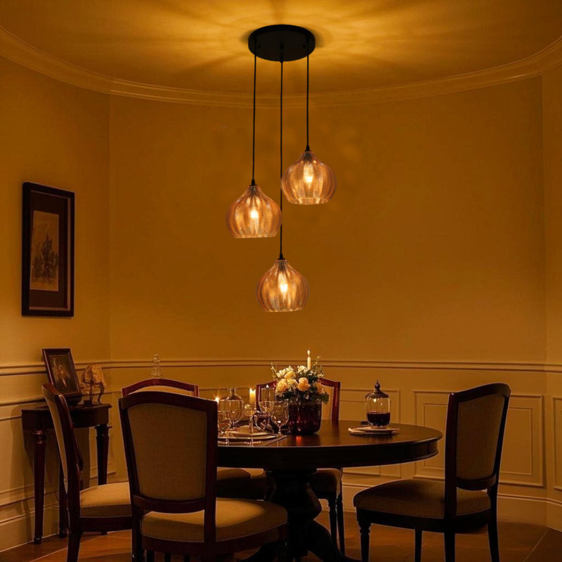 Amber-colored Three-head Glass Chandelier - Adjustable Length / E26 Base / Wall Switch