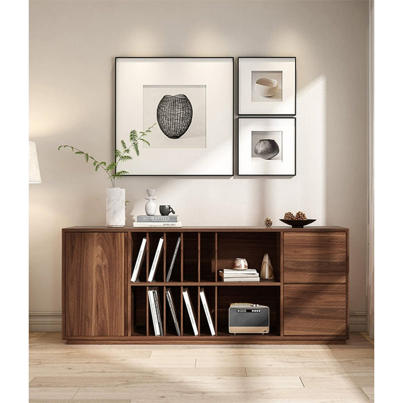 Scandinavian Solid Pine Wood Sideboard with Open Storage, Brown