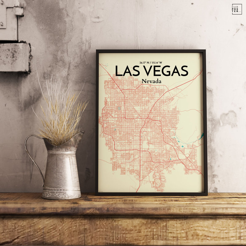 « las vegas city map », reproduction d’impression sur affiche en tricolore, H 17 po x l 11 po