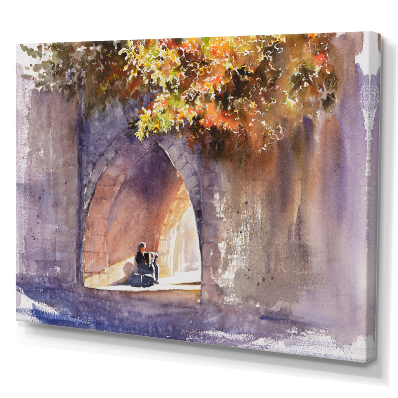 «Street Musician Performing at the Gate» - peinture sur toile, Toile tendue, H 12 po x l 20 po x P 1 po
