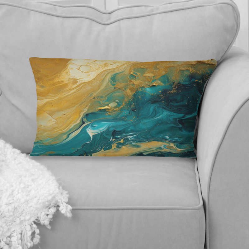 Coussin décoratif imprimé de peinture abstraite Golden Sunshine In Deep Blue Ocean