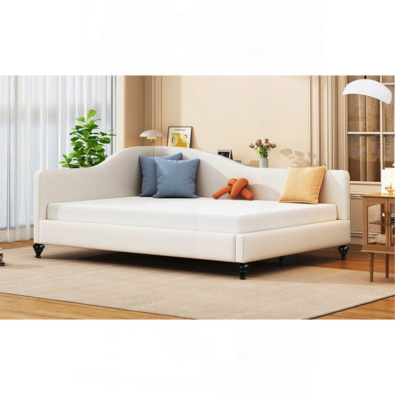 Full Size L-Shaped Linen Daybed, With Solid Wood Legs, Beige, Beige, Full