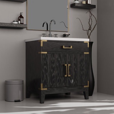 Ensemble de meuble-lavabo simple en chêne noir D 22 po, comptoir en quartz blanc et robinet