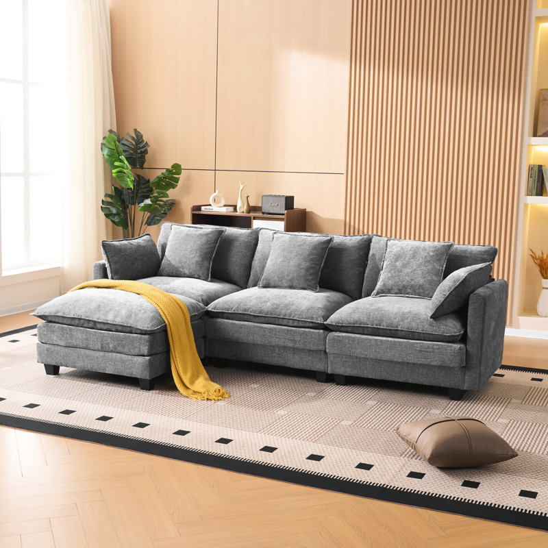 Canapé modulaire à 3 places gris avec rangement et module, en L, chenille douce pour regarder des beuveries, tissu, conception en forme, soirées cinéma en famille convenant à un appartement