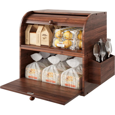 Boîte à pain en bambou, convenant au comptoir de cuisine, contenant de pain à double couche avec panier à couverts - peut être utilisé comme 2 boîtes à pain séparées - nécessite un assemblage, brun rétro