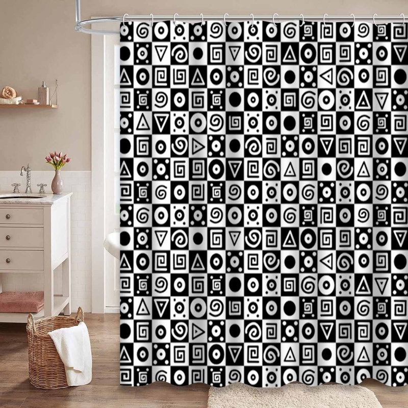 Rideau de douche noir à motif géométrique damassé noir avec 12 crochets, L 72 po x l 72 po
