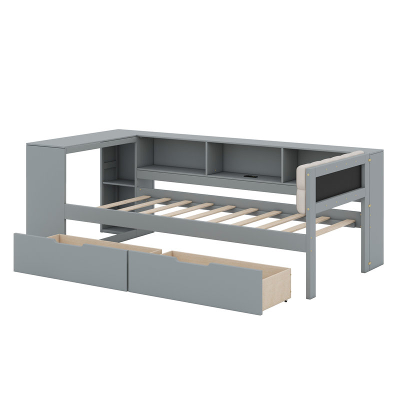 Lit plateforme avec tablettes de rangement, tiroirs, station de charge et tête de lit tapissier, gris
