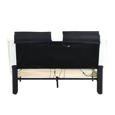 Faux Leather Upholstered Platform Bed Frame with led lighting, Bluetooth connection to play music control, Backrest vibration massage, Curve Design, Wood Slat Support, No Box Spring Needed, Queen