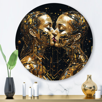 Acrylique Couple s'embrassant I - Art mural rond abstrait en marbre sur métal