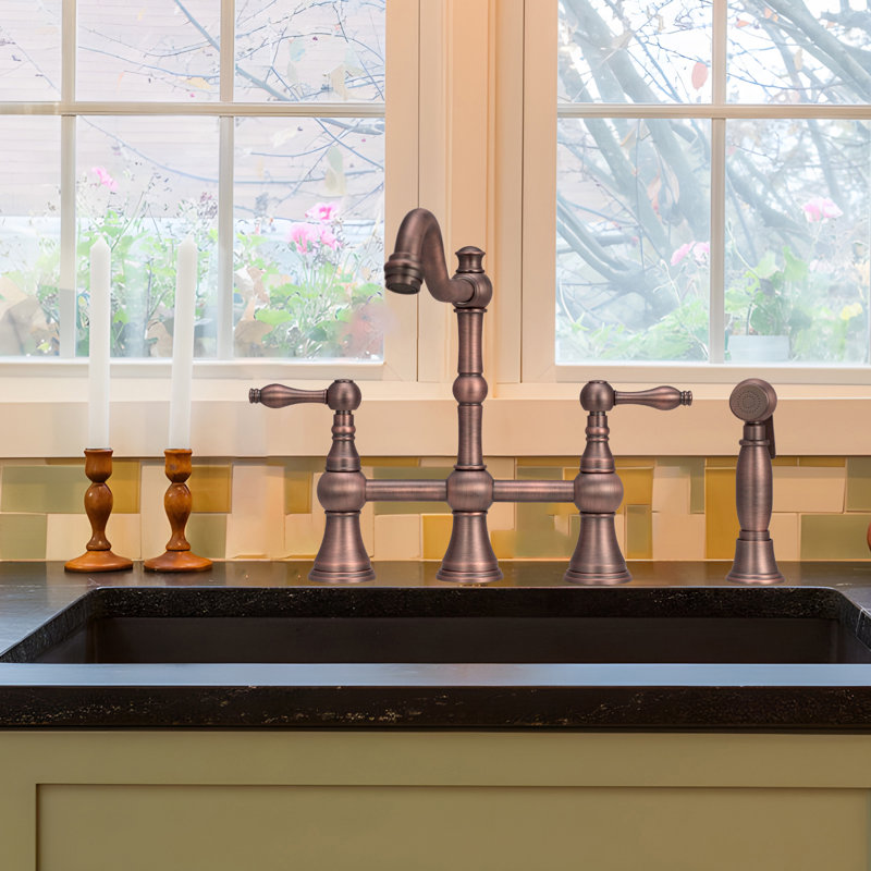 Brass Heritage Bridge Kitchen Faucet with Side Spray 2 Handles, American Bronze