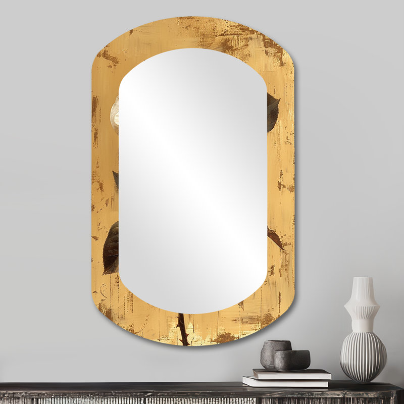 «White Rose On Vintage Gold» - miroir mural décoratif cylindrique rose, miroir asymétrique traditionnel, impression sur métal