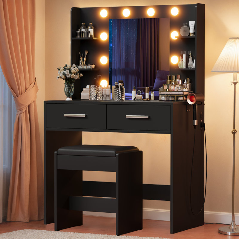 Bureau de maquillage avec miroir lumineux et prise de courant, coiffeuse avec tabouret, Noir
