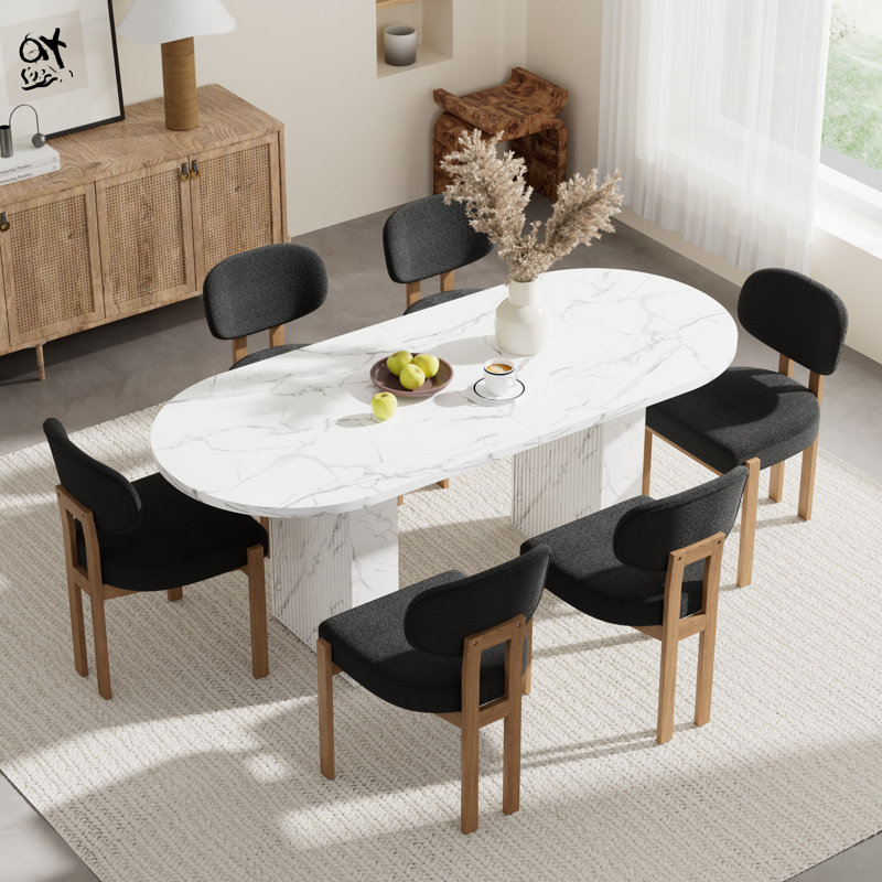 Oval Double Pedestal Kitchen Table Sets, 7 Pieces: Table, 6 Chairs, Black