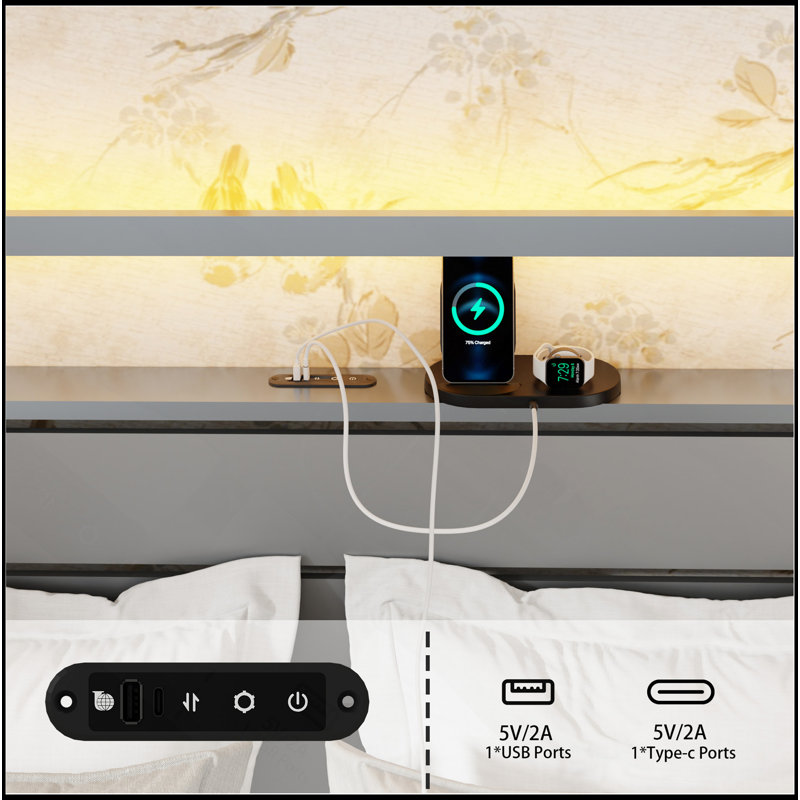 Grand cadre de lit avec tête de lit, cadre de lit plateforme en métal avec station de charge, cadre de lit plateforme robuste avec DEL, assemblage facile, argent