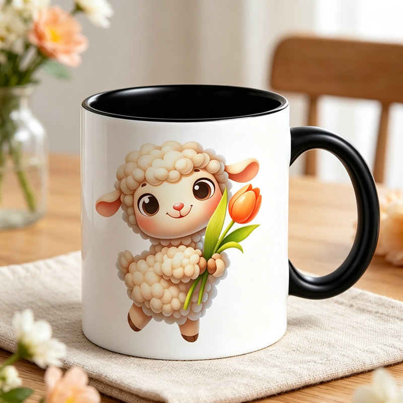 Cute Ceramic Mug with Adorable Lamb Holding Tulip Flower Design - Perfect Gift for Mom on Mother'S Day Easter Birthday.