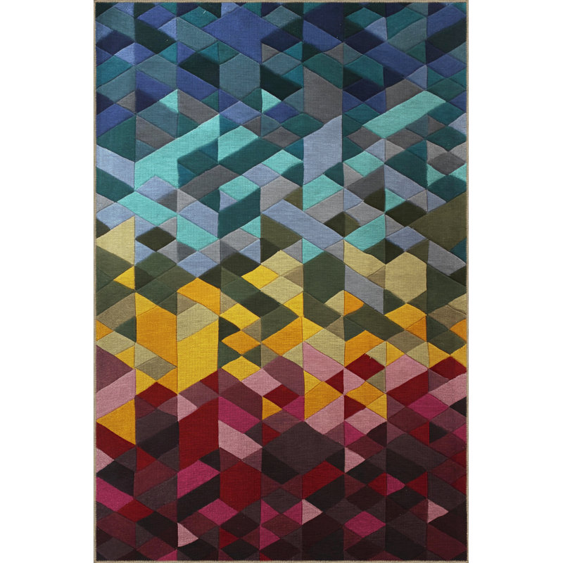 Blue-Red Themed Multi-Colored Crystal Geometric Shape Patterned Creative Modern Decorative Rug, Rectangle 3'3" x 4'11"