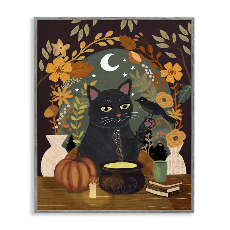 Giclée d'automne encadrée par un chat et un chaudron, design par Mia Charro, Estampe numérique Farmhouse, H 30 po x l 24 po