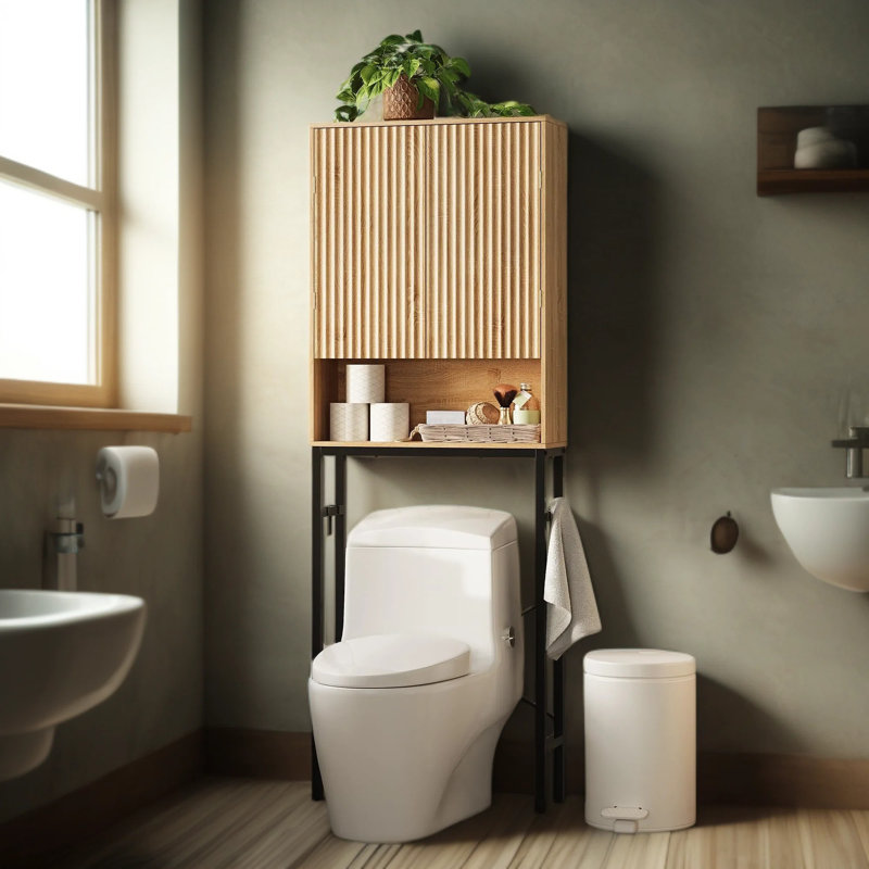Armoire de rangement au-dessus de la toilette avec tablette réglable, organisateur de salle de bain autoportant avec structure en métal, armoire haute peu encombrante pour les essentiels de salle de bain, style bois naturel