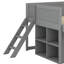Structure de lit mezzanine basse en bois avec fonctions multiples, lit mezzanine bas pleine grandeur avec glissade, tablettes de rangement, porte et fenêtre-1240184912