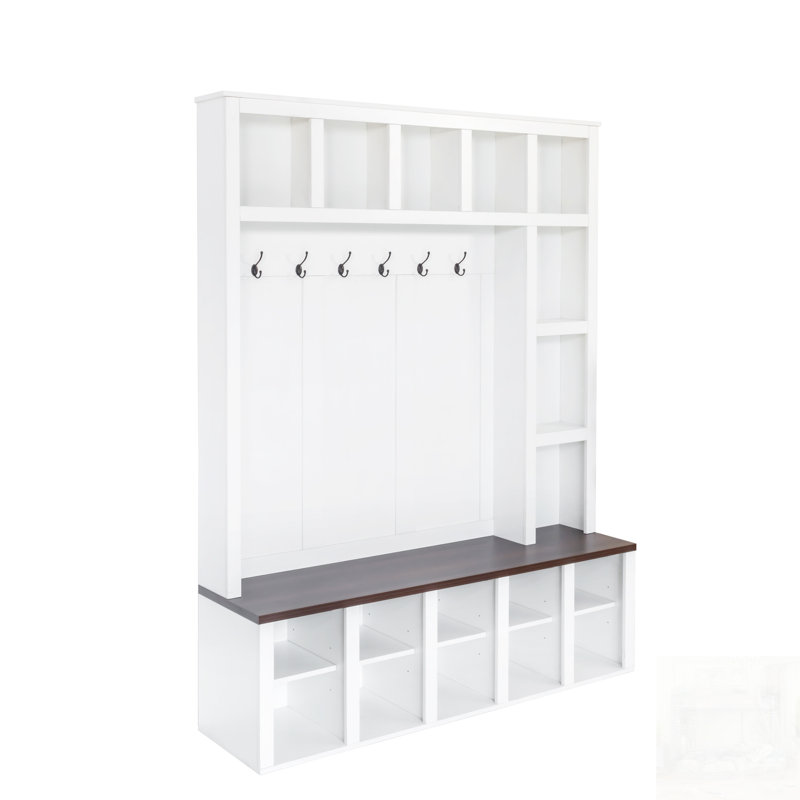 Farmhouse Wooden Hall Tree With 6 Hooks, Adjustable Shelves, And Storage Bench For Entryway And Mudroom, White/Dark Walnut
