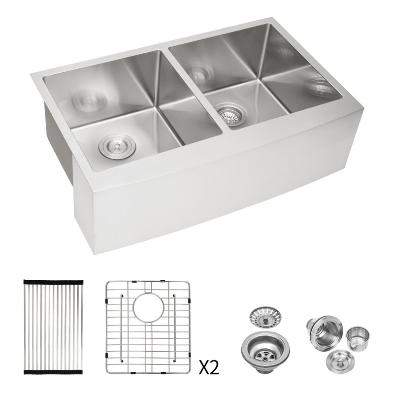 Évier de cuisine à double cuve de ferme - 33 po x 21 po x 10 po en acier inoxydable avec tablier en acier inoxydable de calibre 16 et deux cuves profondes de 10 po