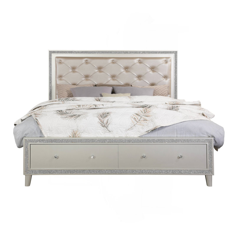 Lit en cuir synthétique Sliverfluff et finition champagne avec DEL et rangements