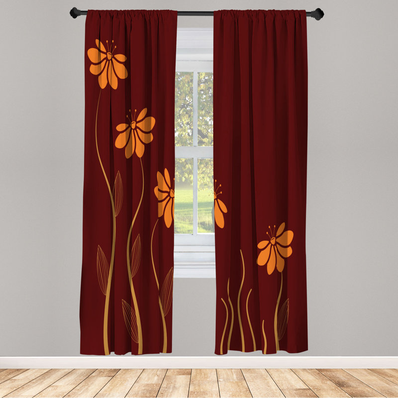 Microfiber Floral Semi-Sheer Rod Pocket Curtain Panels, 28" W x 95" L, Yellow/Dark Red