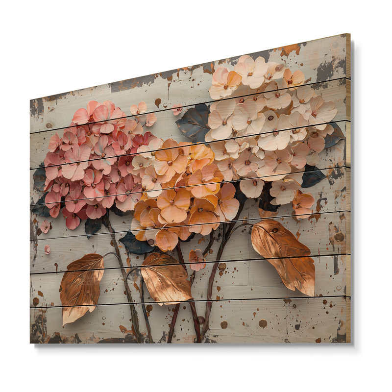 Jardin vibrant d'hortensias I - Art mural en bois d'hortensias - sur bois de pin naturel, H 24 po x l 32 po