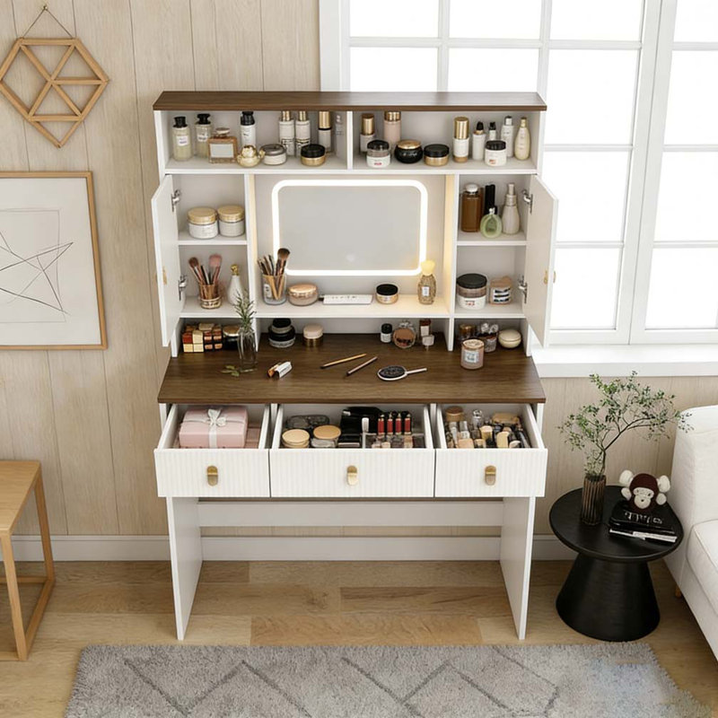 Coiffeuse, coiffeuse de 43 po de large avec miroir éclairé et tiroir de maquillage, grande coiffeuse moderne