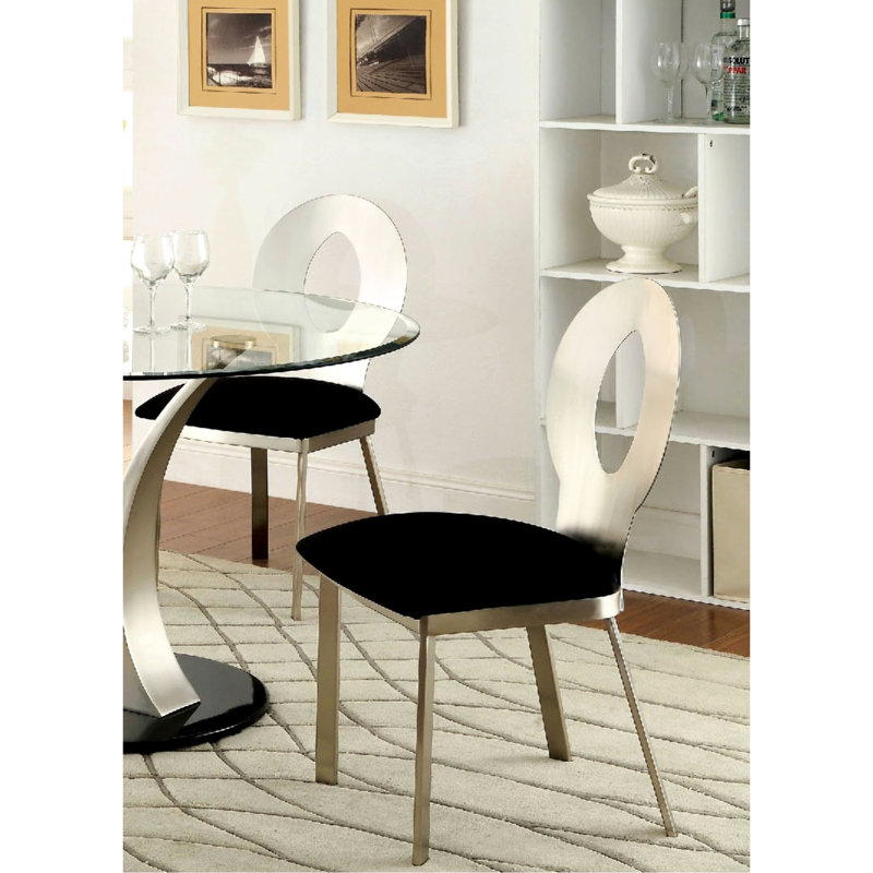 Chaises de salle à manger en métal avec dossier ovale, couleur argent, siège en microfibre noire, 2 rembourrées, 2 pièces
