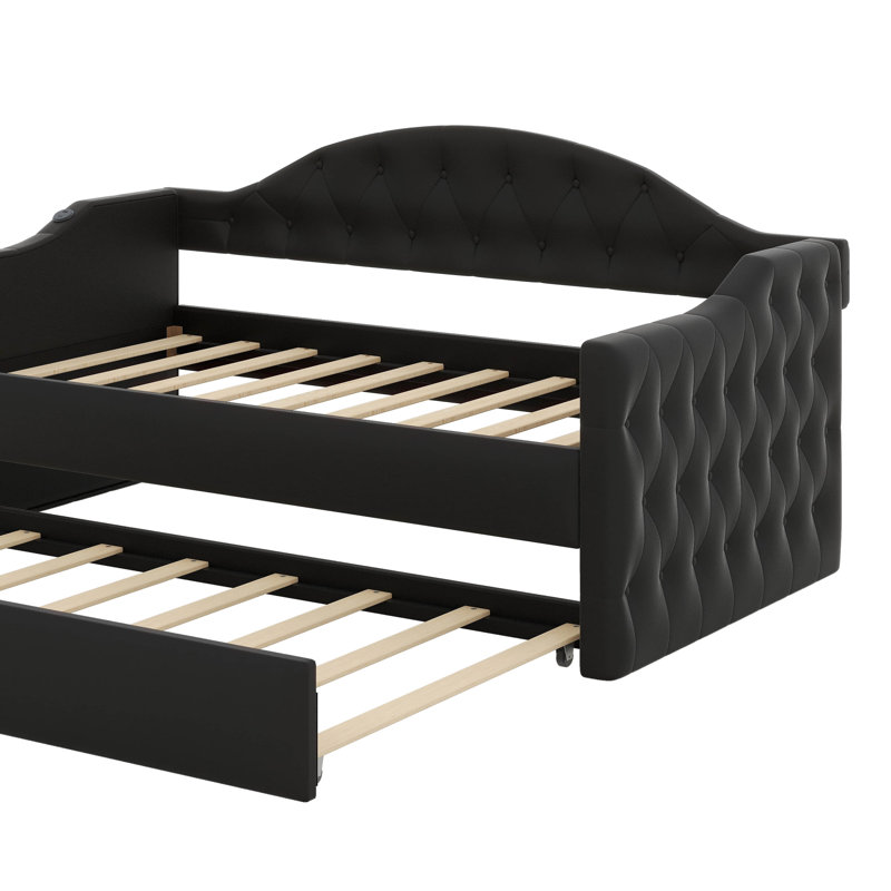 Elegant Twin Size Upholstered Daybed With Trundle And USB&Type-C Charging Ports,Velvet Sofabed For Kids Adults Bedroom,No Box-Spring Needed