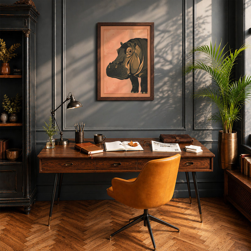 Hippopotamus Profile Modern - Framed Print, A1 - 84.1 x 59.4 cm, Walnut