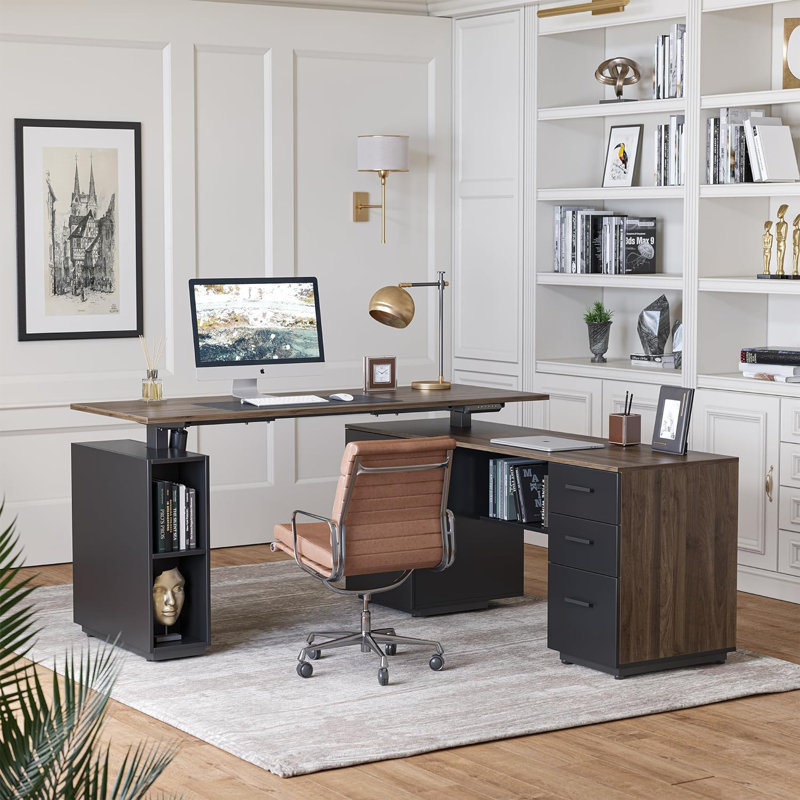 63" L Shaped Office Executive Standing Desk with File Cabinet, Black Walnut