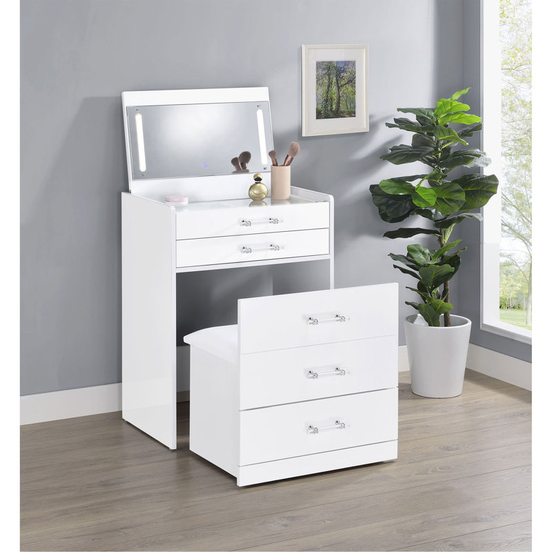 Table de coiffeuse à 3 tiroirs avec miroir et tabouret Ayuba, White