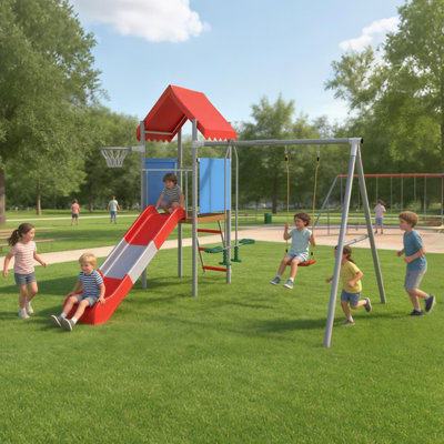 9.3 ft. Outdoor Swing Set for Kids with Slide and Tree House, Backyard Playground with Pendulum Swing for Toddlers, Boys and Girls Ages 3 and Up, Galvanized Steel and PE Frame
