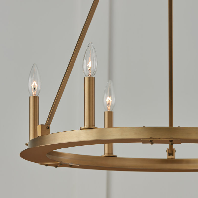 Aged Brass 6-Light Circular Chandelier with Candle Bulbs