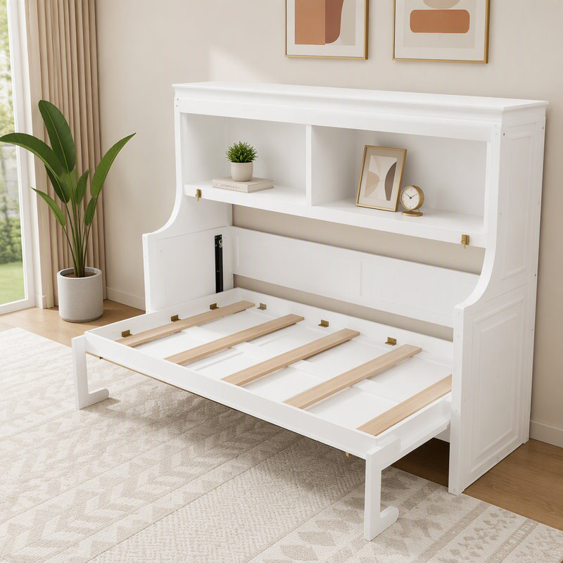 Lit escamotable, cadre de lit avec bureau et tablettes de rangement Murphy, Blanc