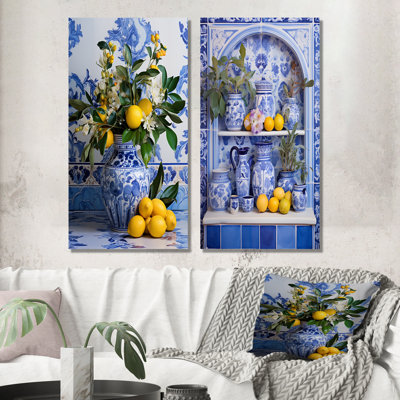 «Greek Tiles Still Life Kitchen II - Boho Pottery», ensemble de 2 reproductions d'art sur toile