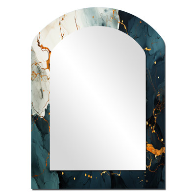 Gold and Green Abstract marble Aura I - Marble Asymmetrical Unique Wall Mirror, Modern Arch Mirror, Printed Metal Art