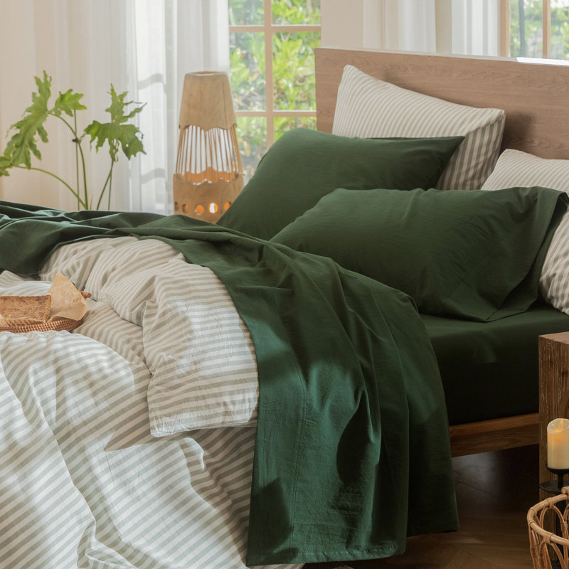 100% Washed Cotton Sheet Set Extra Deep Pocket Linen Like Textured, King Sheet Set with 2 Pillowcases, Forest Green