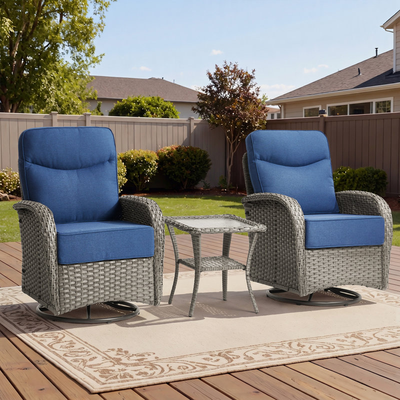 Ensemble de 3 chaises de patio pivotantes en osier de 3 po avec tables d'appoint, Bleu, Gris