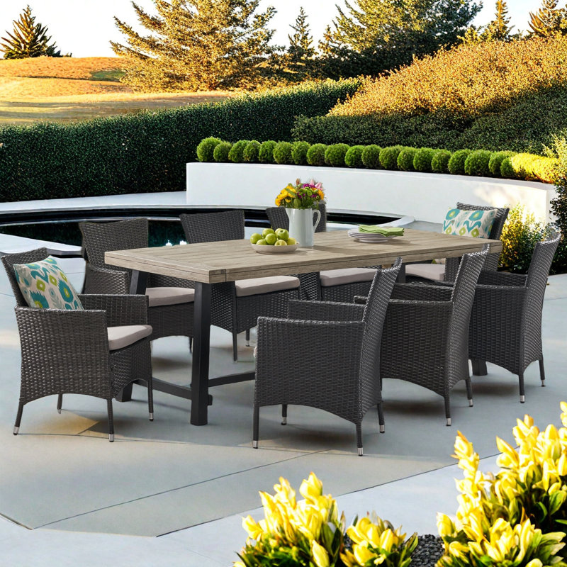 Morphis 8 - Person Acacia Wicker Patio Dining Set with Rectangular Table , Cushions Included