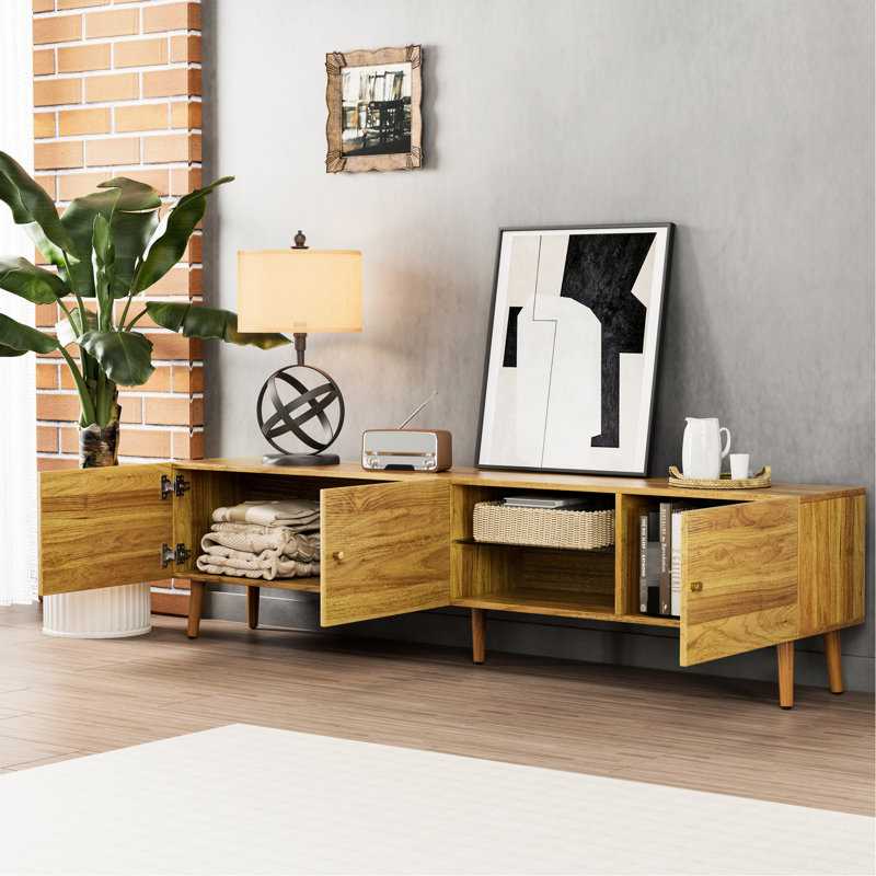 Meuble audio-vidéo moderne de style Mid-Century de 70 po avec tiroirs et armoires, solide, pour rangement spacieux. Support, conception élégante