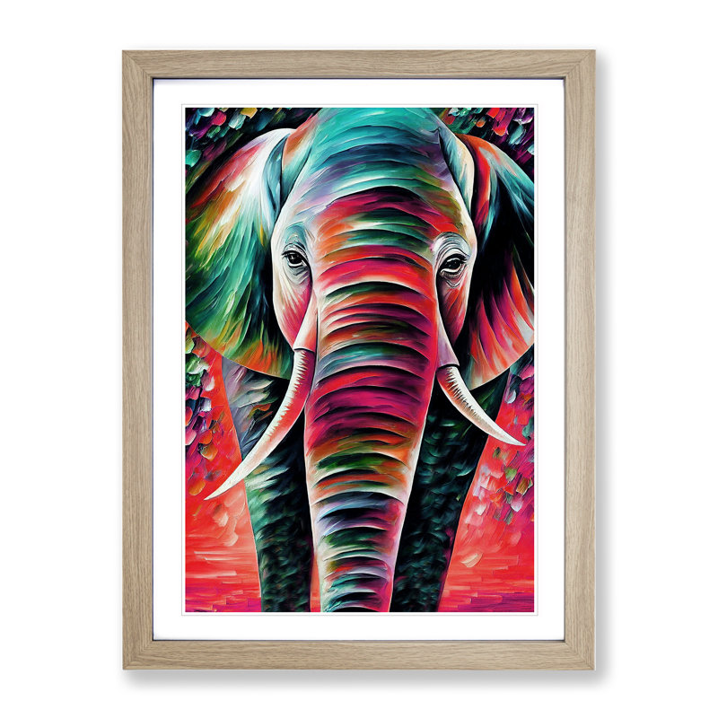 Colourful Elephant No.1 - Wall Art, 36cm H x 27cm W x 2cm D, Oak Framed, White