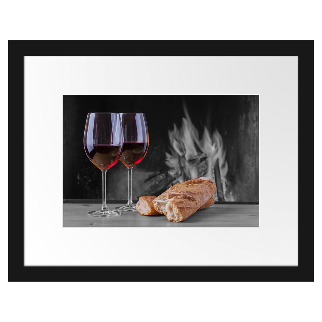 Gerahmtes Poster Baguette Wein Picknick