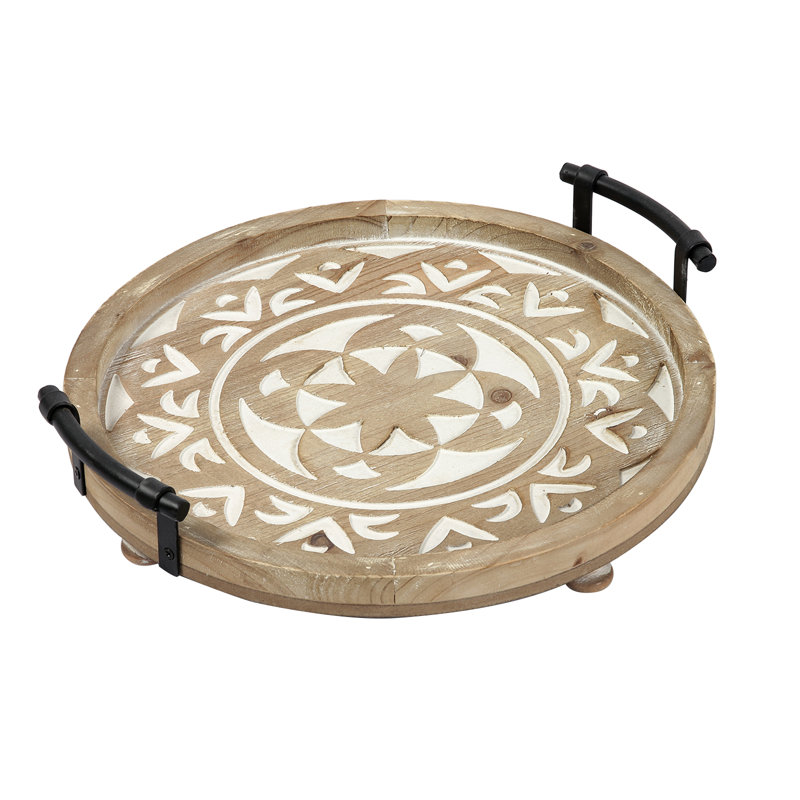 16 Inches Large Round Ottoman Tray, Rustic Handicraft Wood Tray With Handles