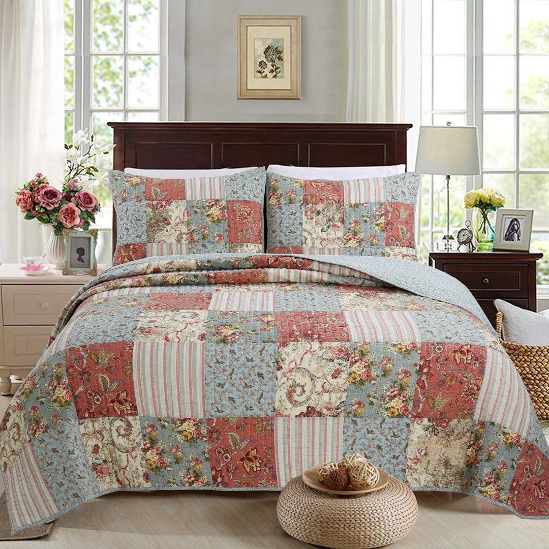Alaina Teal Green/Coral/Beige 100% Cotton Reversible 3 Piece Quilt Set Cozy Line Home Fashion 
