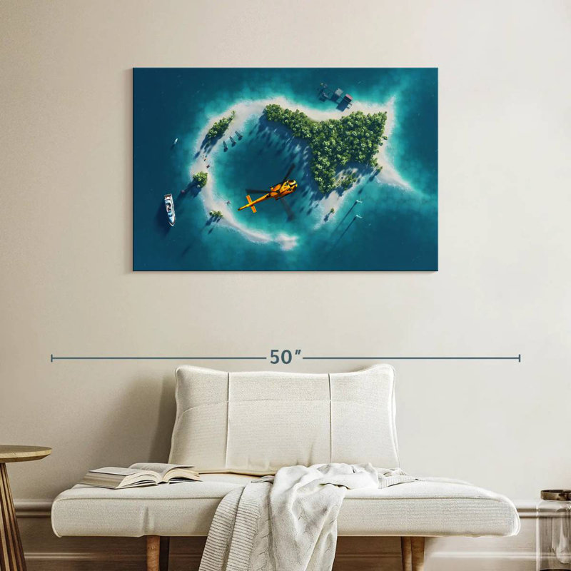 Gillard Helicopter Over Tropical Island, 26" H x 39" W