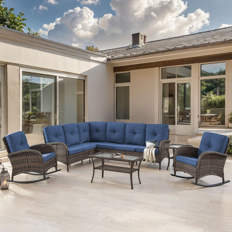 Valierius L-Shaped Outdoor Sectional Sofa & 3-Piece Rocking Chair Set, PE Wicker, Water-Resistant, Blue