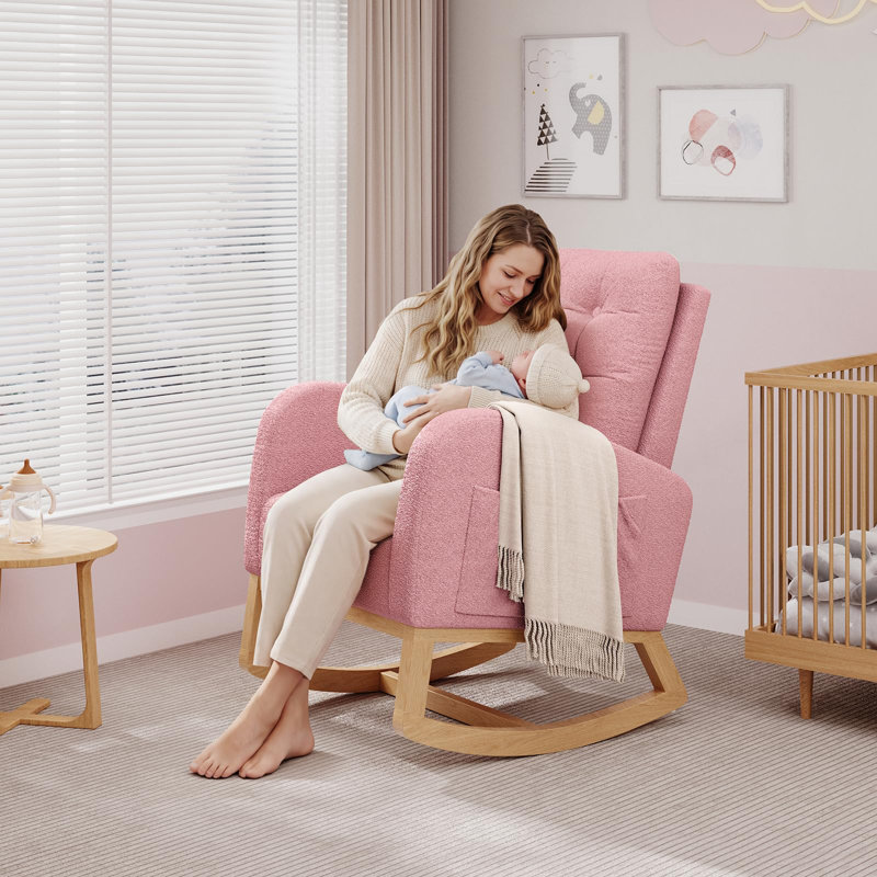 Modern High-Back Nursery Rocking Chair with Stuffed Fleece Upholstery & Sturdy Wood Legs, Glider for Living Room or Bedroom, Pink (No Footrest)